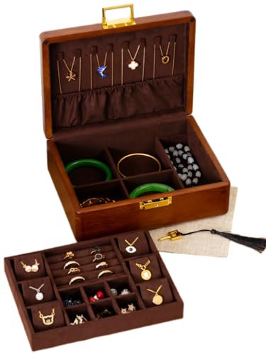 2 Layer Anti Tarnish Solid Wood Jewelry Organizer Box with Lock | Anti tarnish velvet storage for rings earrings necklaces watches wooden jewelry box for women men large locking vintage gift - color: Brown velvet(Necklace Holder), size: Standard 2-Tier(9.