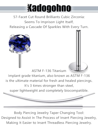 F136 Titanium 20/18/16g Internally Threaded Medusa Monroe Lip Ashley Labret Nose Rings Flat Back Tragus Helix Cartilage Conch Screw Stud Earrings Surgical Steel Piercing Jewelry for Women - color: Blue CZ, size: 16g*3/8in