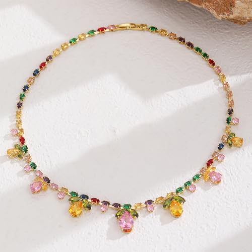 NewZenro Colorful Crystal Flower Teardrop Leaf Tennis Necklace for Women Gold-Tone Dainty Sparkling Rainbow Multicolor Rhinestone Cubic Zirconia Choker Necklaces Bride Wedding Party Fashion Jewelry