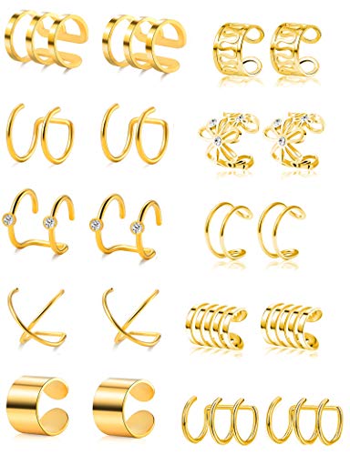 4-10 Pairs Stainless Steel Ear Cuff Helix Cartilage Clip On Wrap Earrings Fake Nose Ring Non-Piercing Adjustable - color: A1:10 Pairs, Gold Tone