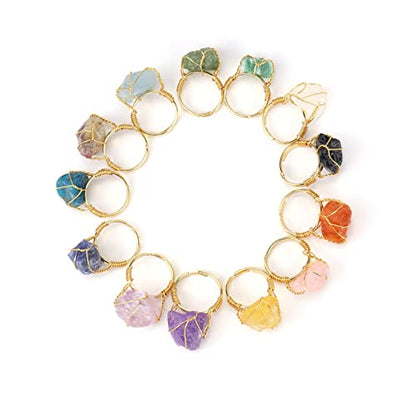 COLORFUL BLING Raw Healing Crystal Natural Stone Ring Statement Copper Wire Wrapped Irregular Crystal Gemstone Adjustalble Ring Jewelry for Women - color: 4 Pcs Set