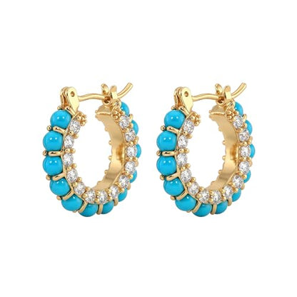 DREMMY STUDIOS Gold Dainty Huggie Hoop Earrings 18K Gold Plated Exquisite Open Tassel Dangle Charm Drop Sleeper Geometric Cross Coin Star Heart White CZ Simple Hypoallergenic Earrings for Women - color: Turquiose CZ Hoops