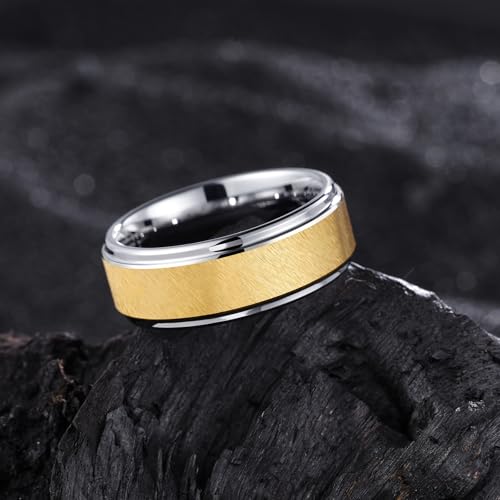 King Will Classic Tungsten Carbide Ring Brushed Two Grooved Center Hammered Design Mens Wedding Band for Men | Black/Silver/Gold, 8mm, Men's Wedding Band, Grooved, Comfort Fit, Everyday Wear - color: C-Gold&Sliver 8mm
