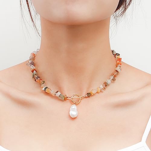 Bohemian Stone Pearl Choker Necklace for Women Dainty Natural Irregular Stone Choker Turquoise Beaded Lariat Necklace Simple Fashion OT Toggle Spiritual Handmade Jewelry - color: Whit Brown