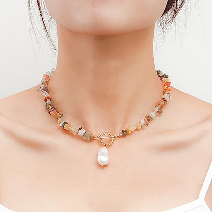 Bohemian Stone Pearl Choker Necklace for Women Dainty Natural Irregular Stone Choker Turquoise Beaded Lariat Necklace Simple Fashion OT Toggle Spiritual Handmade Jewelry - color: Whit Brown