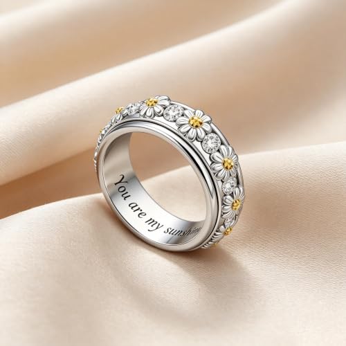Daisy Anxiety Rings for Women 18K White Gold Plated Daisy Anxiety Rings You Are My Sunshine Flower Fidget Ring Jewelry Gifts for Women