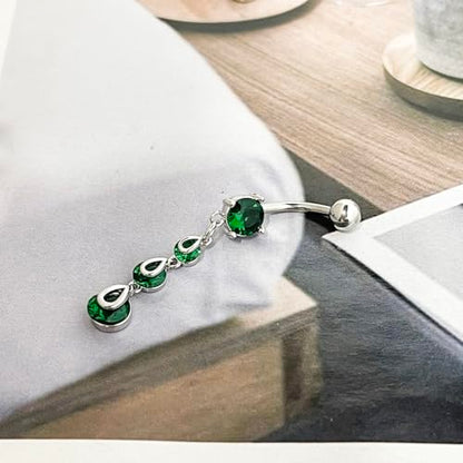 14G Clear CZ Dangle Belly Button Rings for Women 316L Surgical Steel Emerald Crystal Dangling Belly Rings Navel Piercing Barbell Hypoallergenic Body Piercing Jewelry