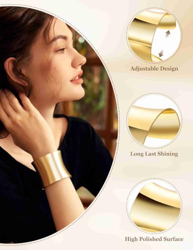 2 Pcs Gold Cuff Bangle Bracelet Set for Women Irregular Minimalist Statement Bangle Bracelets Wide Open Chunky Wire Bracelets Wrist Cuff Adjustable Hammered Bracelet - color: Gold B