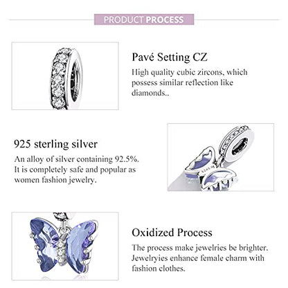 Hummingbird Charms For Bracelets 925 Sterling Silver Animal Dangle & Beads Butterfly Cat Beads Charms For Women Jewelry Gift - color: blue butterfly