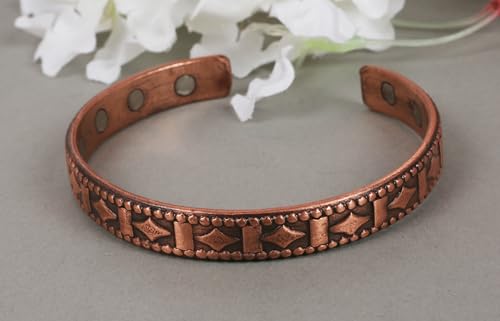 Touchstone magnetic copper bracelets for men women in gift box, engraved | 100% pure solid real adjustable bangle bracelet cuff jewelry; 12X ultra strength with 3500 gauss neodymium magnets; - style: Textured Geometric