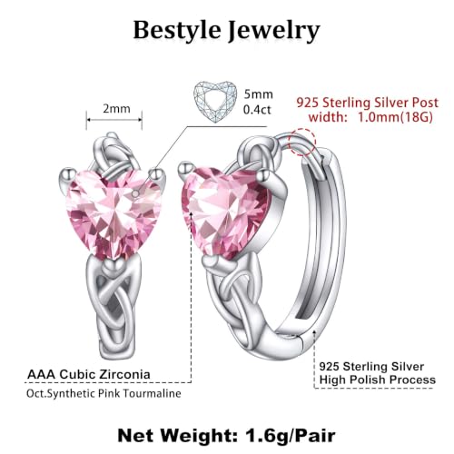 Bestyle 925 Sterling Silver Huggie Hoop Earrings Small Birthstone Hoop Earrings for Women Hypoallergenic Silver Huggie Earring,Great Birthday Earrings Gift for Daughter Wife Mom - color: 10-Pink Tourmaline-Hoop