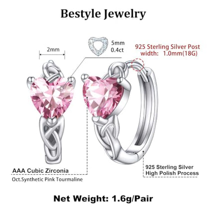 Bestyle 925 Sterling Silver Huggie Hoop Earrings Small Birthstone Hoop Earrings for Women Hypoallergenic Silver Huggie Earring,Great Birthday Earrings Gift for Daughter Wife Mom - color: 10-Pink Tourmaline-Hoop