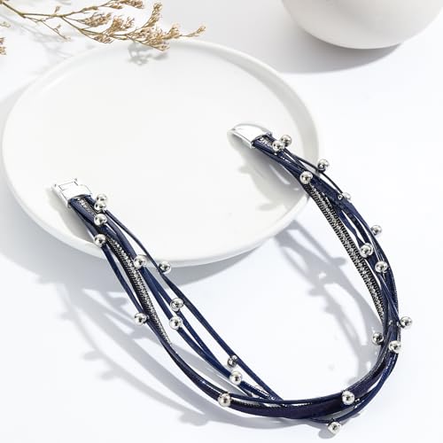 VIBILIA Boho Leather Wrap Bracelets for Women Multi-Layer Bracelets | With Strong Clasp Jewelry for Women - color: 07-Beads-Blue
