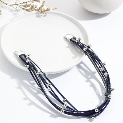 VIBILIA Boho Leather Wrap Bracelets for Women Multi-Layer Bracelets | With Strong Clasp Jewelry for Women - color: 07-Beads-Blue