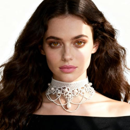 Lace Choker Necklace for Women Gothic Pearl Pendant Necklace Halloween Cosplay Jewelry - color: White