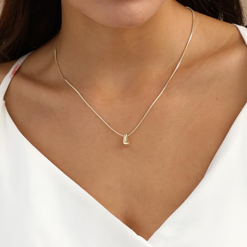 14K Gold Plated Bubble Letter Necklace, Tarnish Free and Waterproof Dainty Initial Necklace for Women, Trendy Personalized Gold Jewelry Gift for Her - color: Gold, style: L