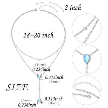 FLYOW Layered Necklace S925 Sterling Silver Y Shaped Jewelry - style: Double Teardrop Moonstones Layered Necklace