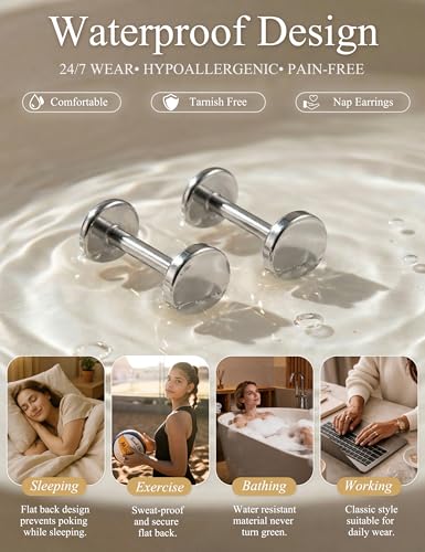 YADOCA Threadless Flat Back Earrings Gold Nose Studs Surgical Steel | Push-in flat back design for cartilage tragus helix conch and medusa piercings, gold plated stainless steel studs - color: Silver Round, size: 20G(0.8MM)