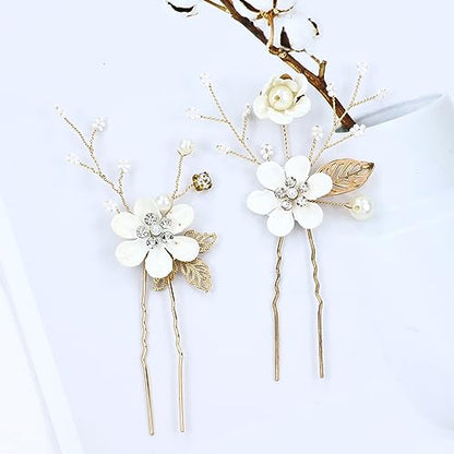 Cinaci 18 Pieces Bridal Wedding Party Prom Pearl Rhinestone White Flower Hair Side Combs Slides+U-shaped Flower Hair Pins+Twist Spiral Hairpins Floral Headpieces for Brides Bridesmaids Women Girls - color: Gold White