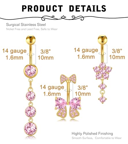 MODRSA Gold Belly Button Ring Dangle Belly Rings Silver Pink Dangling Dangly Belly Button Piercing Hypoallergenic Surgical Steel Opal Butterfly Navel Rings for Women Cute Dainty Navel Jewelry - color: C1- Mix 3pcs - gold pink