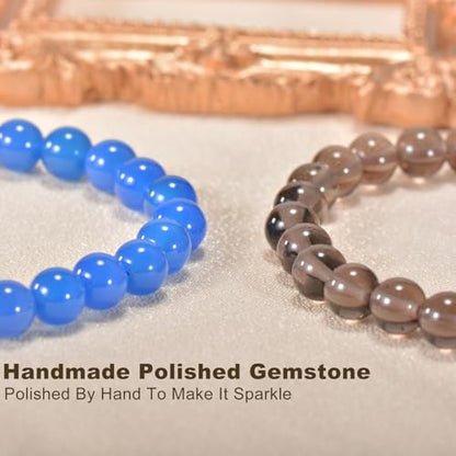 2PCS Agate Bracelet for Women Men Natural Round Beaded Agates Stone Healing Stretch Bracelets Elastic Handmade Polished Gemstone Beads Bracelet - color: Blue+Grey Obsidian, size: 8mm Beads
