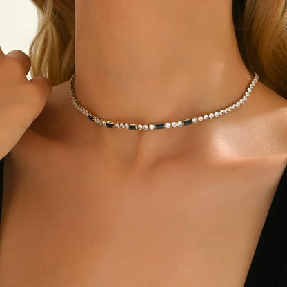 Tennis Necklaces for Women 18K Gold Plated White Red Green Blue Cubic Zirconia Necklaces Dainty Rhinestone Choker Necklaces Trendy Faux Diamond Tennis Chain 3mm - color: Blue Tennis Choker-Gold