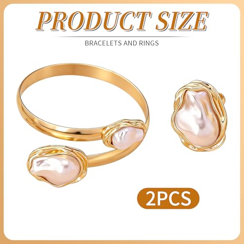 Vintage Irregular Pearl Bracelet Ring Set for Women, Chunky Cuff White Gold Matching Jewelry, Prom Fashion Accessories