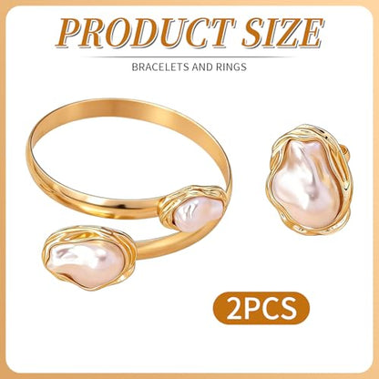 Vintage Irregular Pearl Bracelet Ring Set for Women, Chunky Cuff White Gold Matching Jewelry, Prom Fashion Accessories