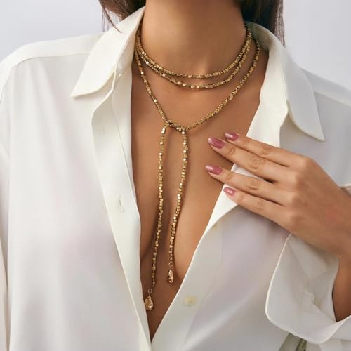 FUTIMELY Gold Long Body Chain Tassel Pendant Necklace for Women,Shiny Metallic Cube Beaded Adjustable Y Drop Lariat Necklace Minimalist Textured Jewelry - color: Golden