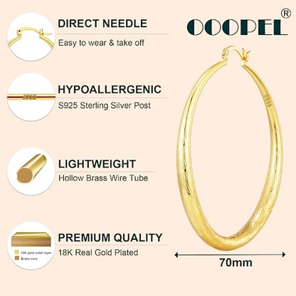 OOOPEL 925 Sterling Silver Hoop for Women Gold Hoop Earrings Hypoallergenic Diamond-Cut Ripples Designed - Non Tarnish Large Hoop Earrings(30/40/50/60/70mm) - color: Gold-70mm