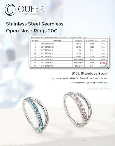 OUFER Nose Rings Silver, 20G Double Hoop 8MM Nose Rings, Seamless Stainless Steel Rook Daith Piercing Jewelry for Women & Men - style: Style3-Blue
