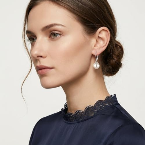 Pearl Leverback Earrings for Women Dangle Round Gemstone Earrings Birthstone Jewelry Gift Anniversary for Her - color: 30 White pearl