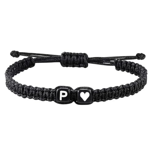 Valentines Day Gifts for Him Her Heart Love Letter Initial Matching Couple Bracelets for Women Men Teen Gifts Best Friend Graduation Birthday Gifts A-Z Braided Bracelet Son Daughter Dad Jewelry - color: Black-P