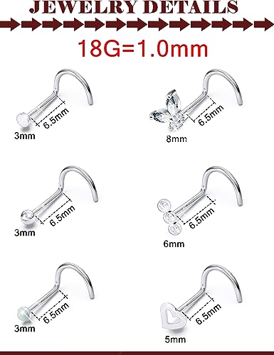 Prjndjw 20G 18G Nose Rings Studs Surgical Steel Nose Stud Glow Dark Heart Opal CZ Flower Nose Piercing Jewelry Nose Rings for Women Straight Screw L Shaped Nose Rings Hypoallergenic Nose Piercing Kit - color: 18G-Twisted nose rings