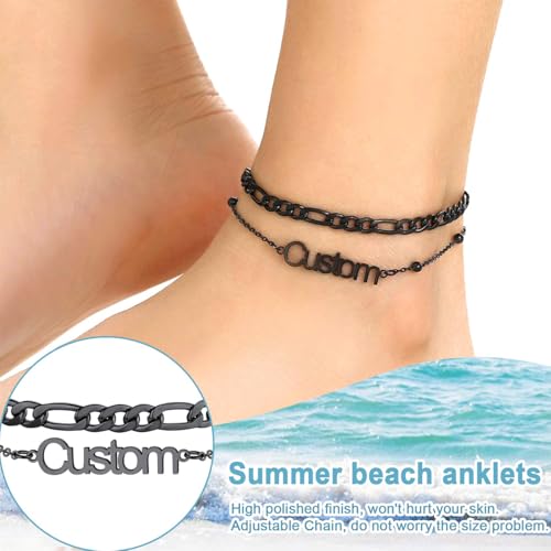 U7 Custom Layered Ankle Bracelets for Women Stainless Steel Bead/Cuban/Figaro/Rope/Wheat Chain Anklet Waterproof Anklet Jewelry for Beach Vacation - color: c-Black-Figaro Chain