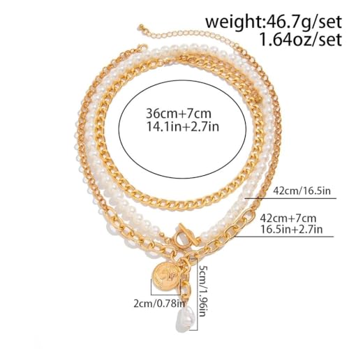 Chunky Layered Pearl Necklaces Set for Women Big Coin OT Choker Necklace | Gold,silver,layering,pearls,stack,pearl jewelry,drop,baroque,buckle,beaded,chain,statement,clasp,toggle,accessories,gift - color: Color-1
