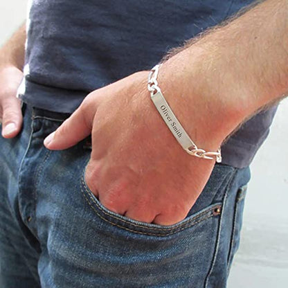 LeCalla Personalized Customised Engraved Name Men's Figaro Chain ID Bracelet in 925 Sterling Silver Personalized Custom Birthday Christmas Fathers Day Jewelry Gift for Dad Husband - color: Thickness 7.5 mm