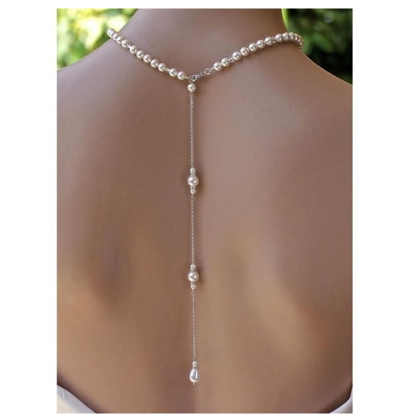 White Elegant Boho Pearl Back Chain Necklace Vintage Pearl Backdrop Long Sexy Tassel Pendant Body Chain Backless Dress Accessories for Women Wedding Brides and Prom Off-shoulder Dressing