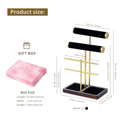 modern T-shaped jewelry rack, jewelry tower, gold metal, square ceramic base decoration display tower, necklace, bracelet, ring storage rack (2-layer black velvet) - style: 2-layer black velvet