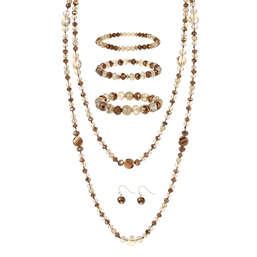 Trendy Infinity Wrap 60’’ Long Statement Necklace, Earrings and Bracelet Set - Hand Knotted Versatile Crystal and Shell Beads Strand Necklace and Chunky Beaded Stretch Bracelet Stack – Jewelry Set Gift for Women - color: Brown