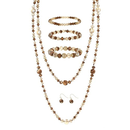 Trendy Infinity Wrap 60’’ Long Statement Necklace, Earrings and Bracelet Set - Hand Knotted Versatile Crystal and Shell Beads Strand Necklace and Chunky Beaded Stretch Bracelet Stack – Jewelry Set Gift for Women - color: Brown