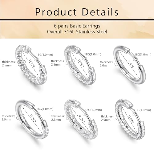 Small Hoop Earrings for Women, Stainless Steel Huggie Hoop earrings, 18G | 2/4/6 Pairs, 6mm/8mm/12mm Small Hoop Earrings, Lobe Helix Conch Tragus Daith Rook Cartilage Piercing Jewelry,Gold Silver - color: Silver-6 pairs Hoop Earrings-12mm