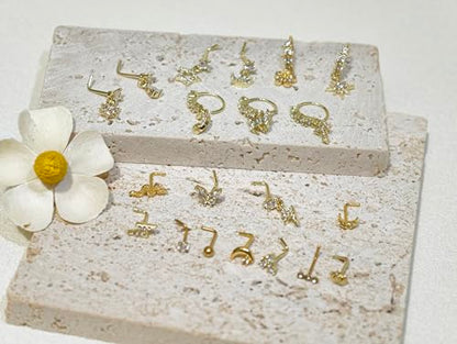 20Pcs Gold/Silver Dangle Nose Ring L Shaped Dangling Nose Stud Stainless Steel Nose Ring Studs CZ Cross Heart Snowflower Butterfly Moon Flower Dangle Nose Rings Hoops Nose Piercing 20G for Women - color: Gold