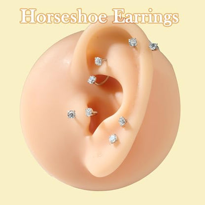 Longita 20g Nose Rings Hoop L Shape Nose Studs Stainless Steel Nose Screw Bone Flat Top Diamond Opal Heart High Nostril Piercing Jewelry Silver Rose Gold Black Pack for Women Men - color: C2- Horseshoe Ring 18g 8mm- silver 3pcs