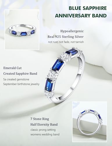 3.5mm Half Eternity Band Sterling Silver Rings for Women Sapphire/Ruby/Emerald and Cz Wedding Bands 7 Stone Stackable Birthstone Ring Anniversary Jewelry Size 6-10 - color: 09-Sapphire-Sep.
