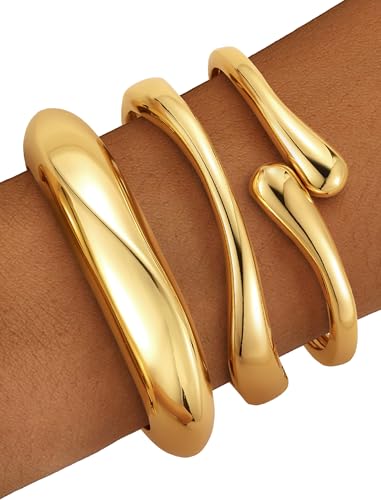 Chunky Gold Bangle Bracelets for Women – 14k Gold Plated | Cuff Bangles, Stackable Bracelet Set, Wide Trendy Fashion, Jewelry Gift - color: 01-Gold-3pcs