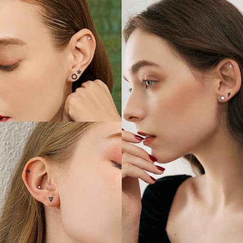 18Pairs 20G 18G Stainless Steel Tiny Stud Earrings for Women Cartilage Helix Earrings Ball Star CZ Earrings - color: Black, size: 20G