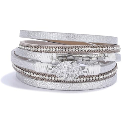 Boho Chunky Leather Wrap Bracelets Stackable Beaded Western Country Jewelry | Crystal Bead Trendy Layered Cuff Magnetic Clasp Stack Bohemian Statement Costume Outfits Cowgirl Fashion Hippie Accessories - color: Silver, size: 14.7"