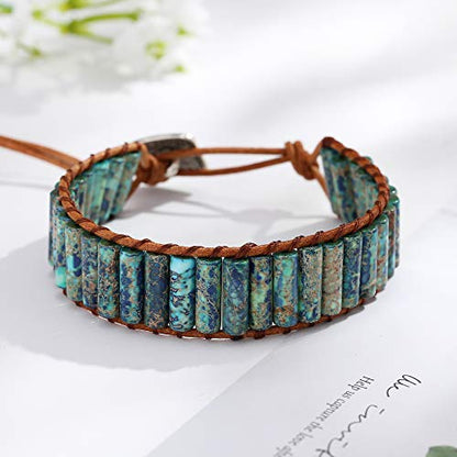 Plumiss Women Boho Handmade Natural Stone Crystal Leather Bead Wrap Bracelets Collection - style: Colorful Blue Jasper 1W