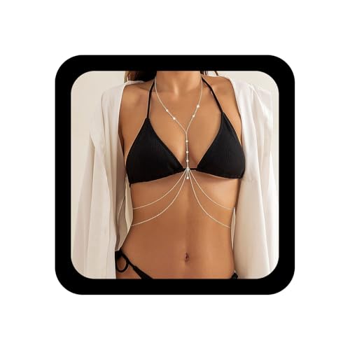 Rhinestone Body Chain Jewelry for Women Layered Diamond Cz Body Necklace Crystal Crossover Belly Waist Chain Bikini Accessory - color: Silver